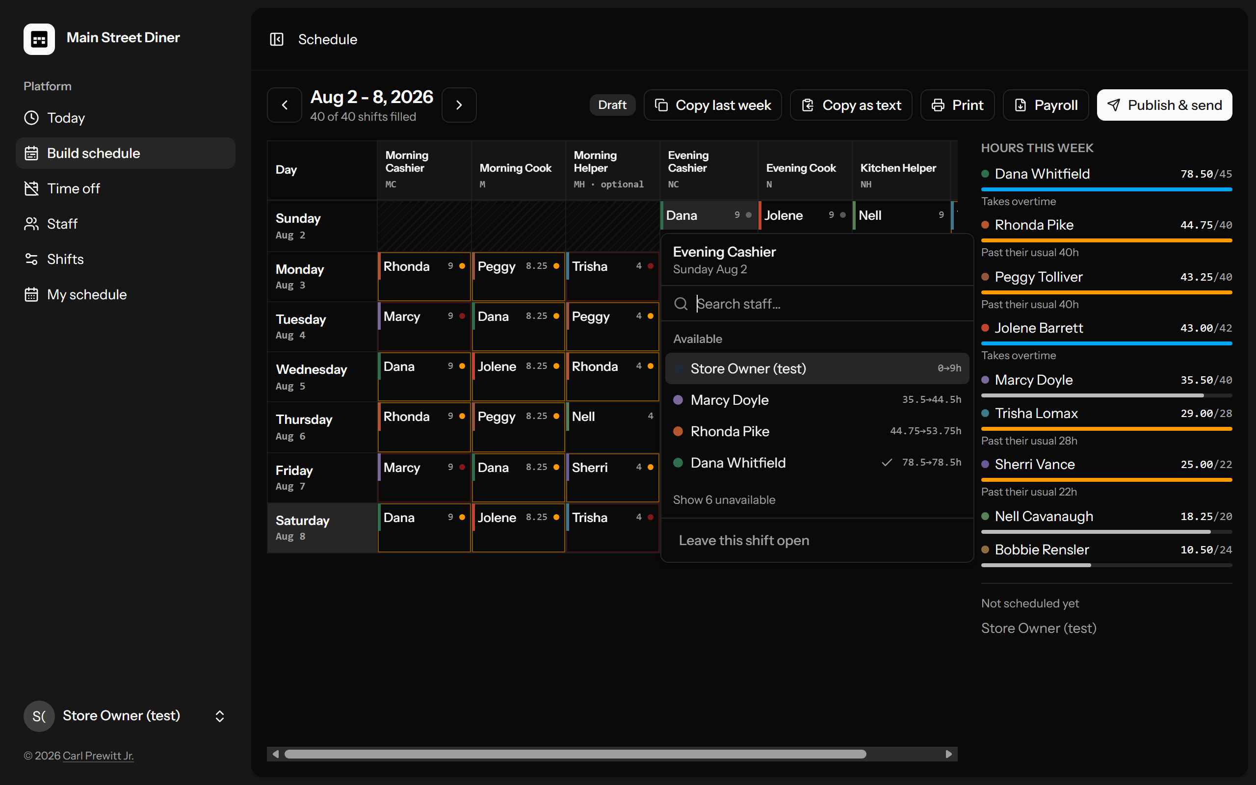 The cell picker offering available people first, with unavailable people set aside behind a reason