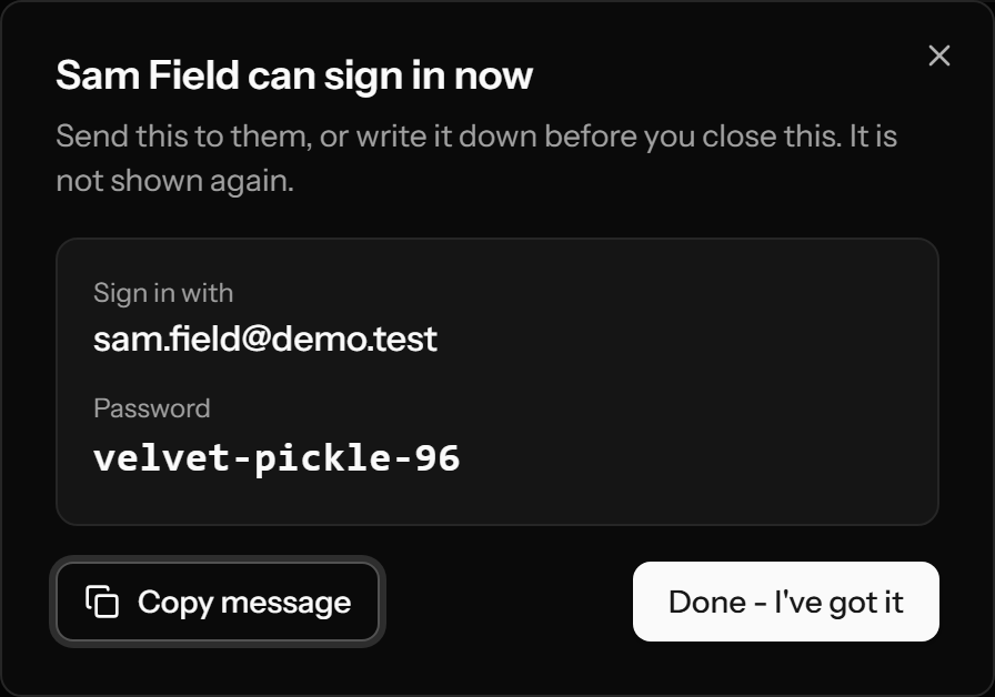 The one-time password dialog with a copy message button