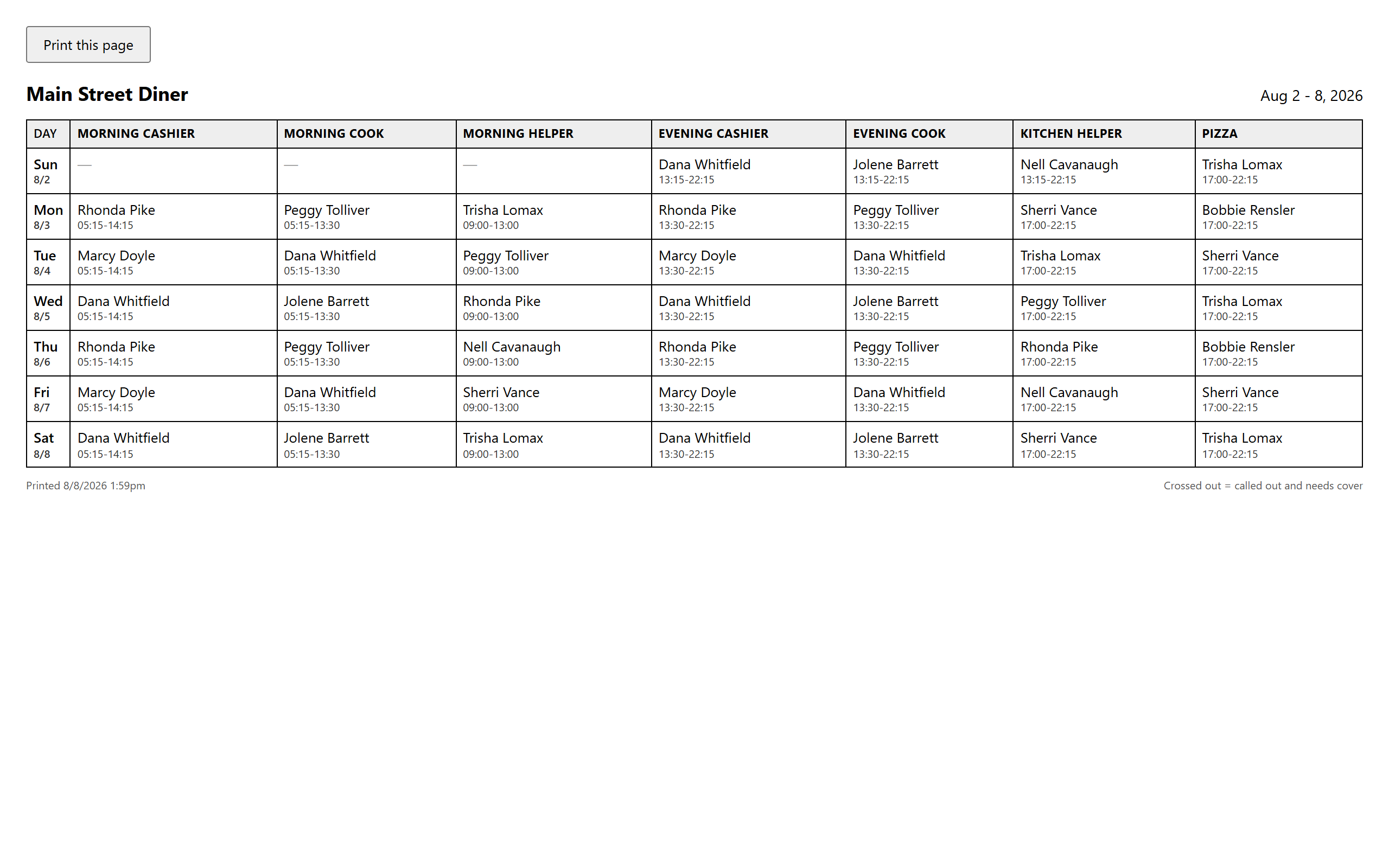 The printable week: a monochrome grid of days, names and times
