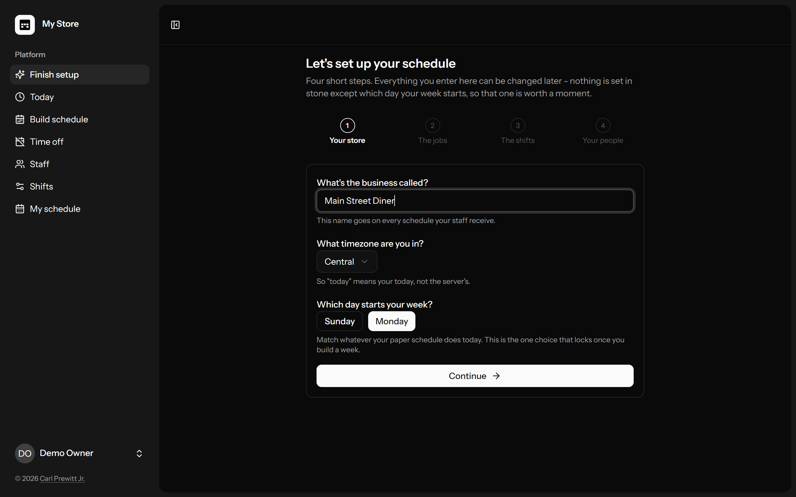 Setup step one: naming the store, choosing a timezone, and picking which day the week starts