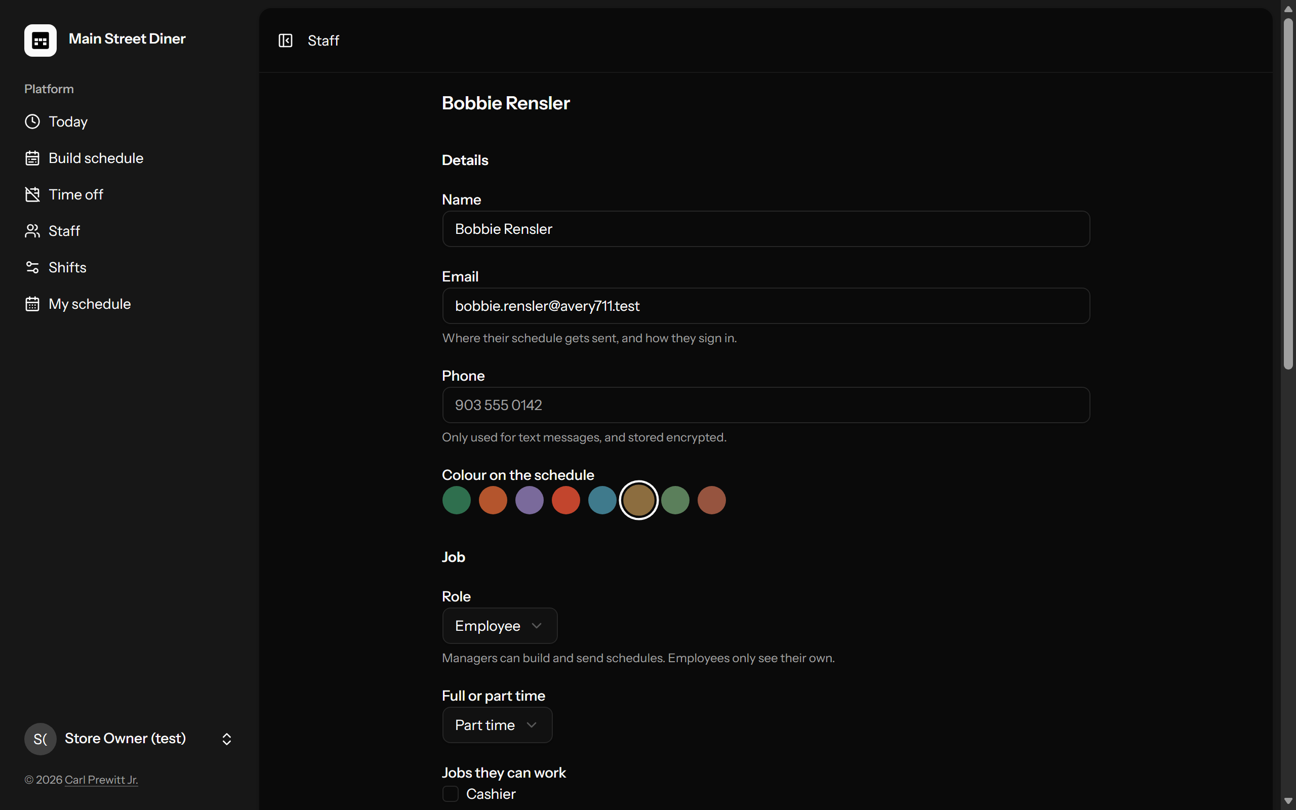 A staff profile showing jobs they can work, availability rules and hours