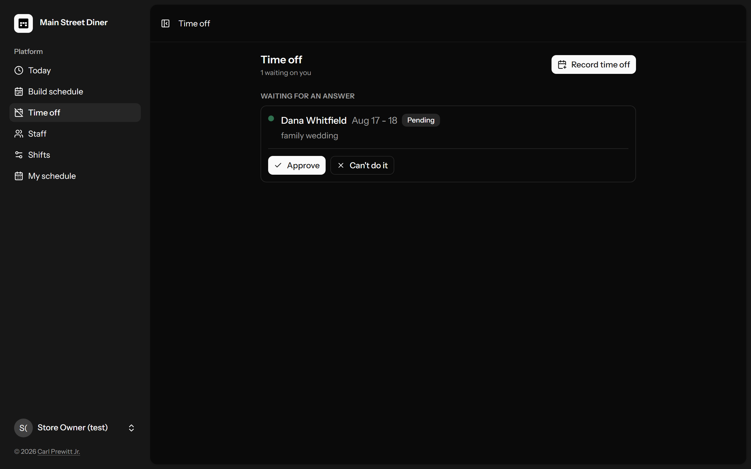 The time off screen with requests waiting for an answer and the request form