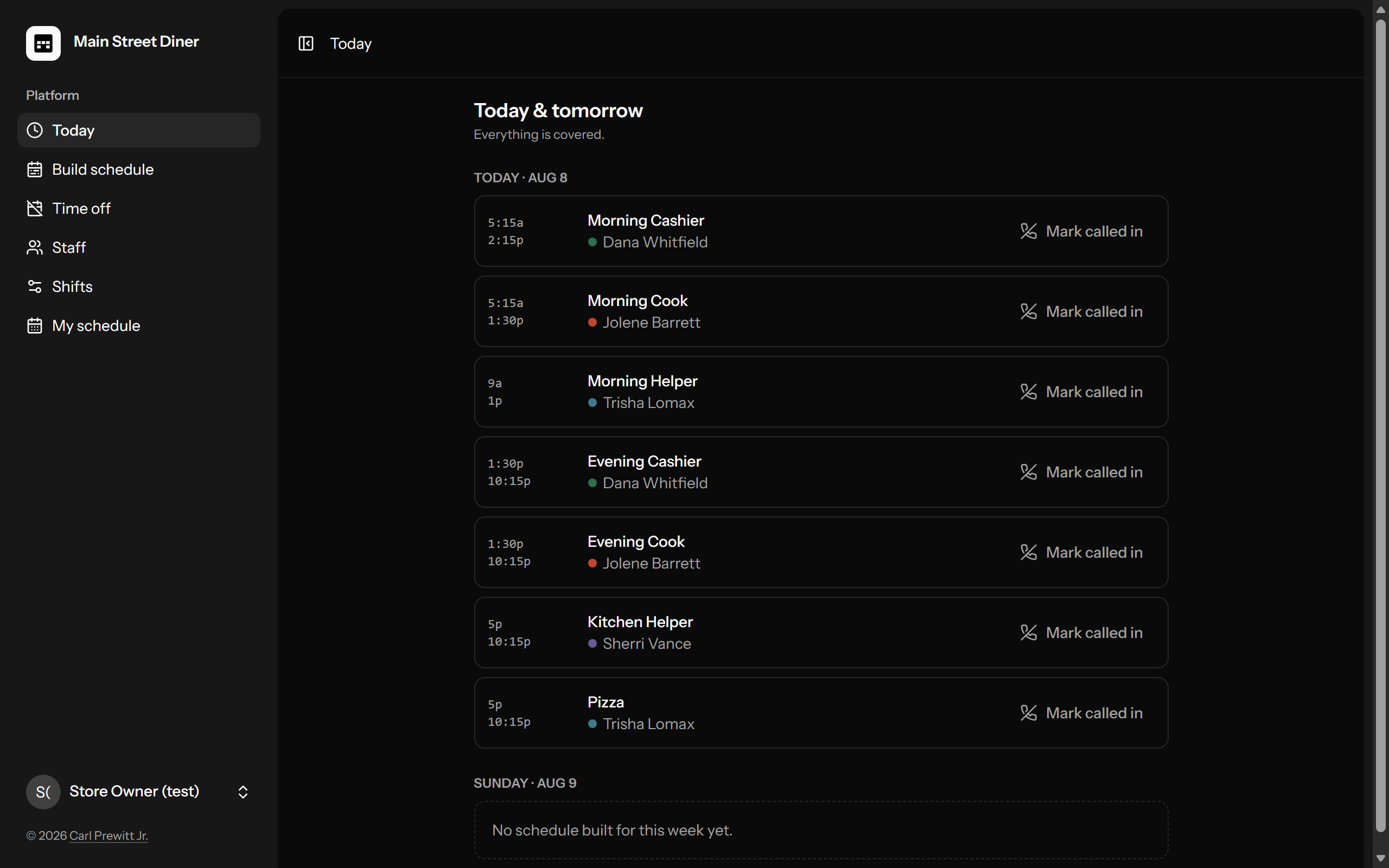 The Today screen listing this afternoon's shifts with their status