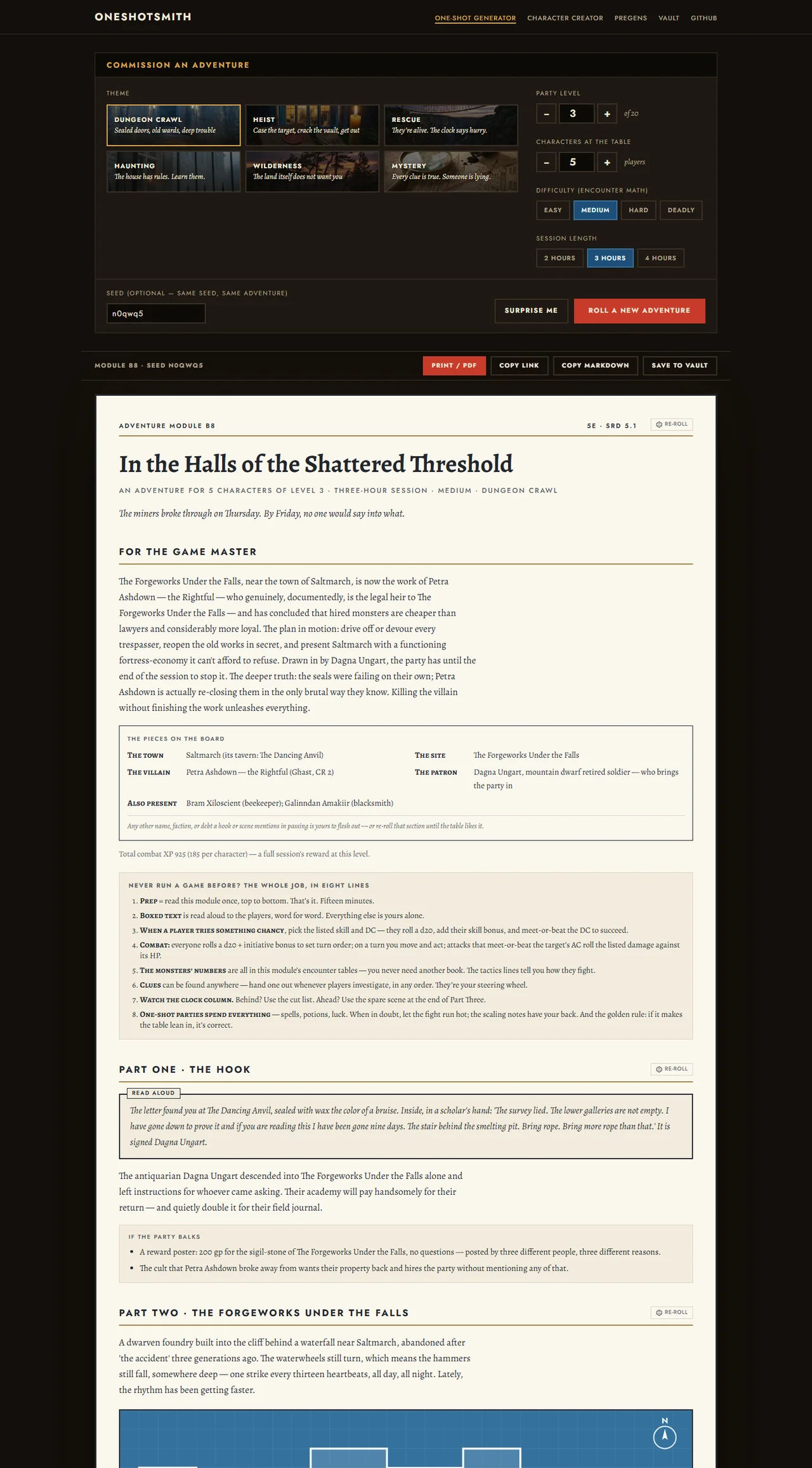 OneShotsmith generator above a printed adventure titled In the Halls of the Shattered Threshold