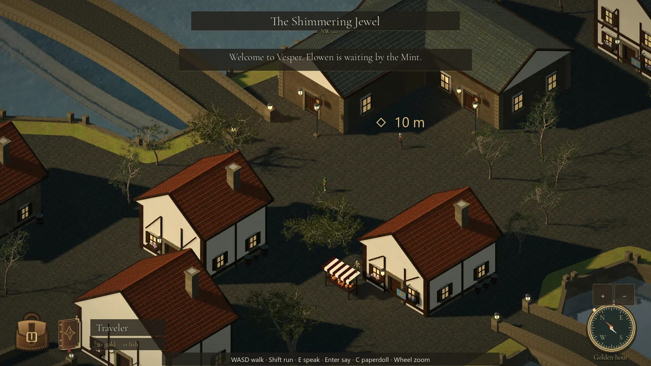Exploring Vesper’s timber buildings and canal-side streets in the demo