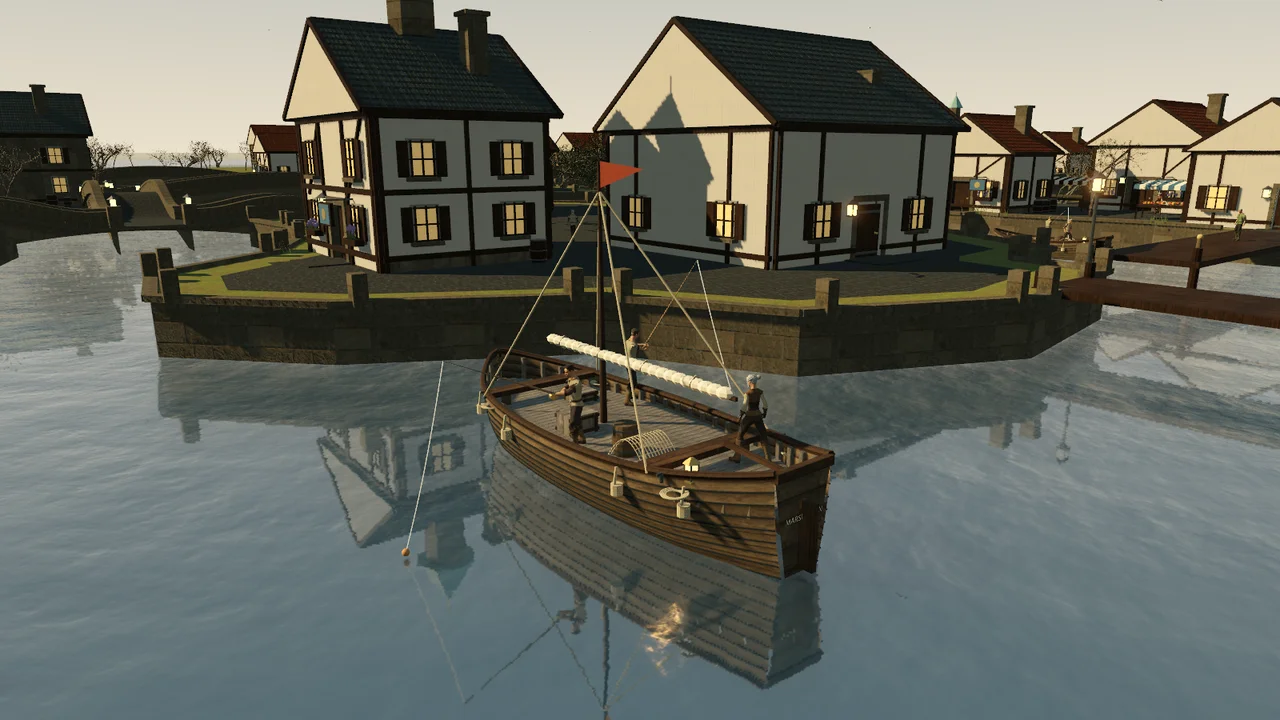 Vesper gameplay: a fishing boat beside timber houses and a stone bridge